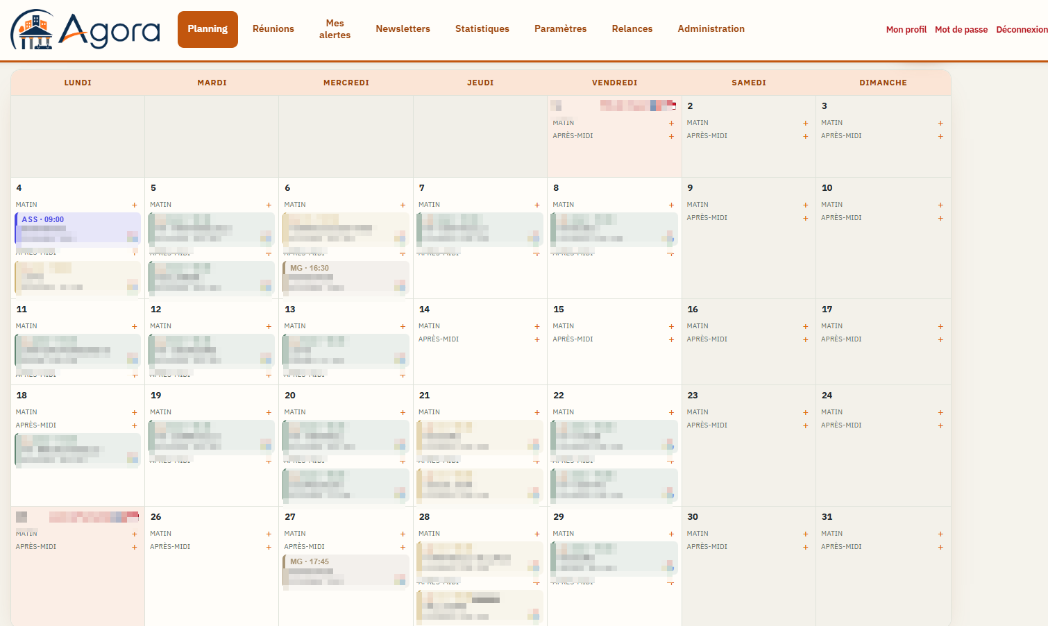 Vue mensuelle du planning Agora-Syndic